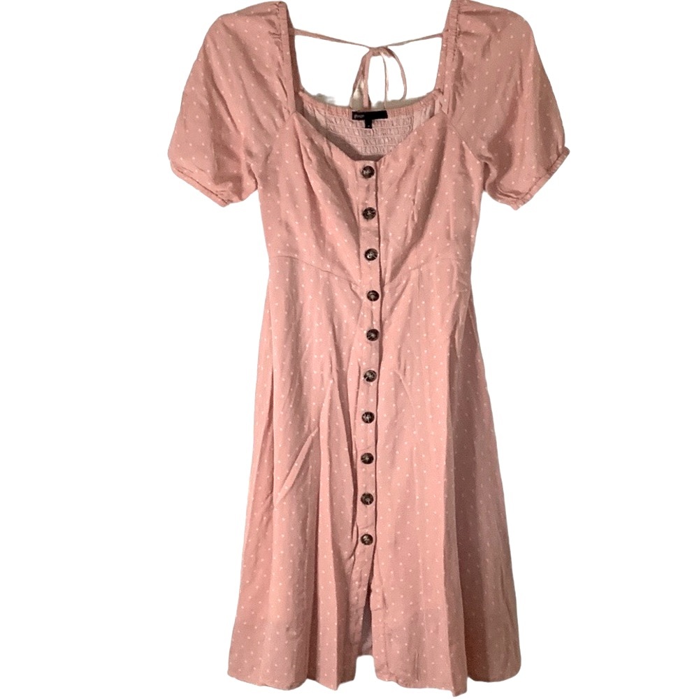 Gibson Button front dress , pink w/white polka dots, shirred elastic back bodice - Picture 2 of 7